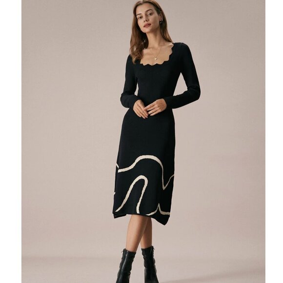 BNWT / Medium / Rihoas / Black Wave Scalloped Sweater Midi Dress - Picture 3 of 5